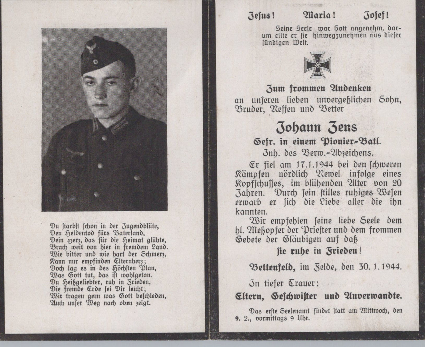 carte avis de décès soldat allemand pionnier originaire de Bettenfeld tombé en 1944 Memel