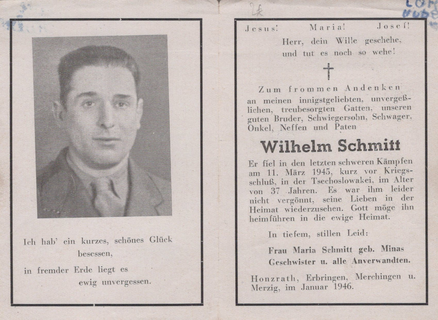 carte avis de décès soldat allemand originaire de Merzig tombé en 1945 Tchécoslovaquie