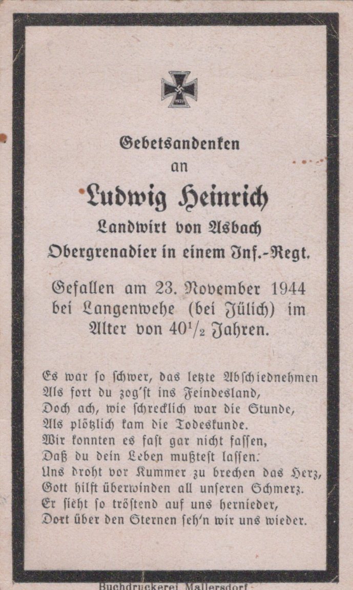carte avis de décès soldat allemand d'infanterie originaire de Mallersdorf tombé en 1944