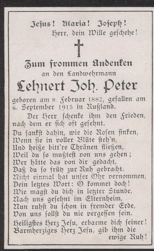 carte avis de décès soldat allemand réserviste tué en Russie en 1915