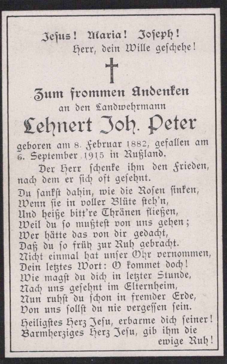 carte avis de décès soldat allemand réserviste tué en Russie en 1915