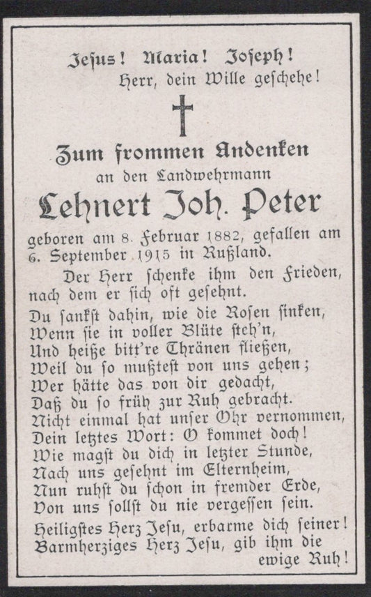 carte avis de décès soldat allemand réserviste tué en Russie en 1915