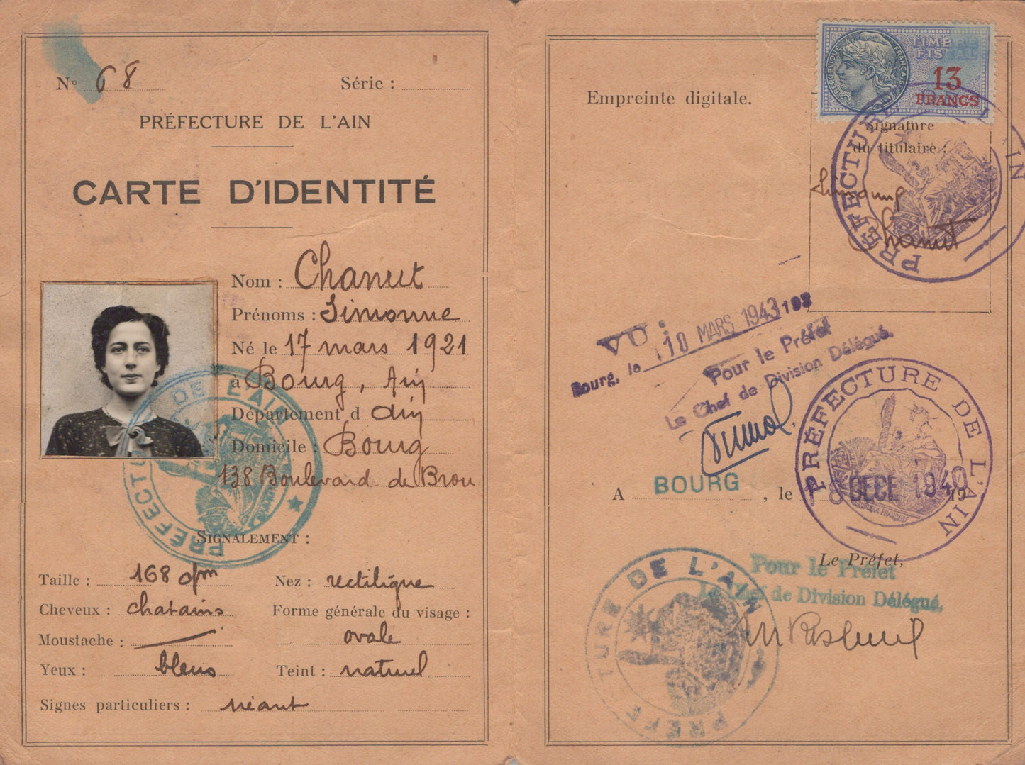 carte d'identité Etat Français préfecture de l'Ain 1943