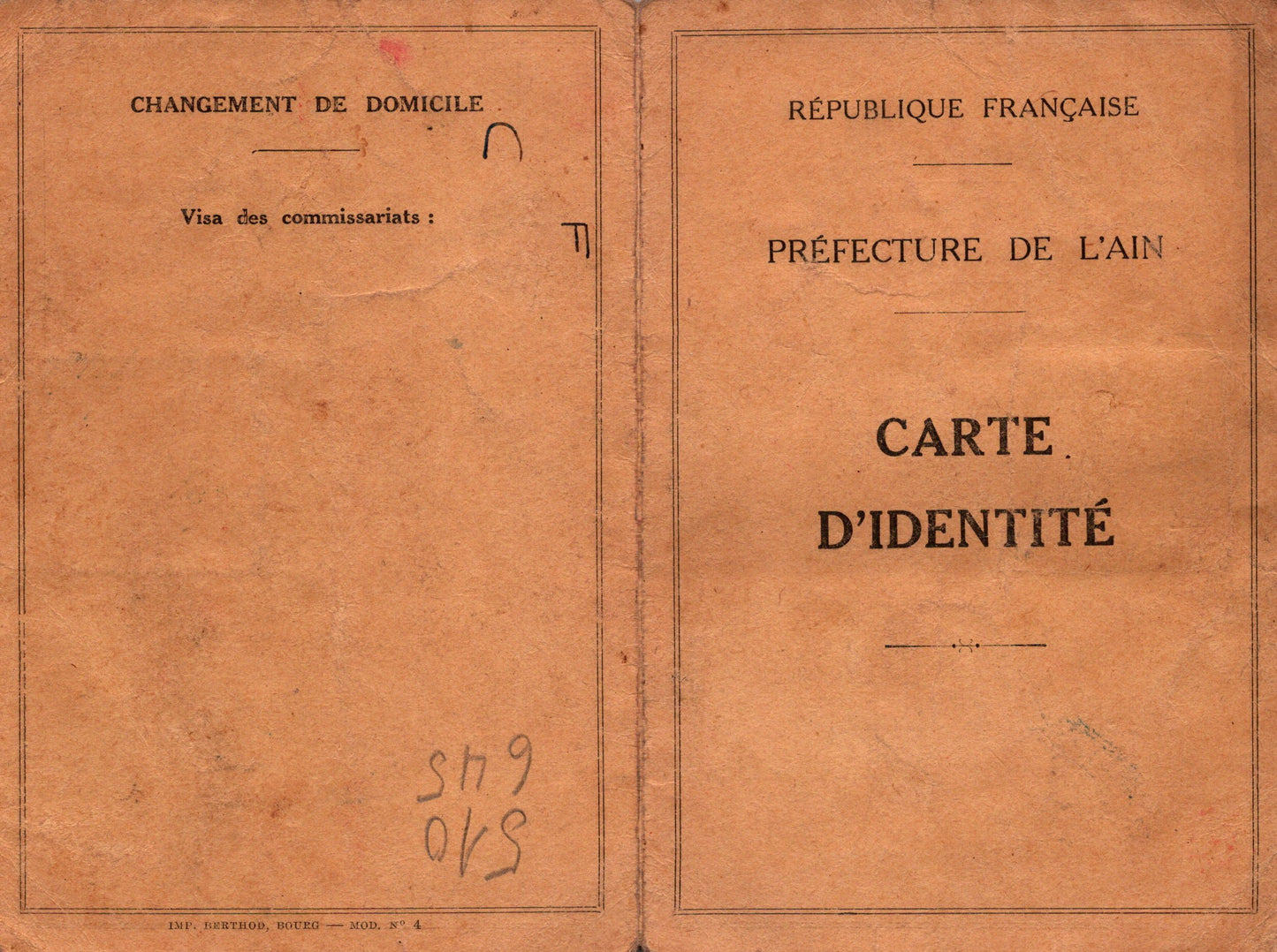 carte d'identité Etat Français préfecture de l'Ain 1943