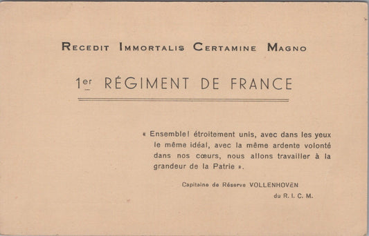 carte postale du 1° régiment de France, Vichy Etat Français