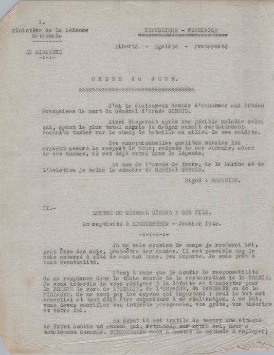 document ordre du jour décès du général Giraud 5 pages récit de ses évasions