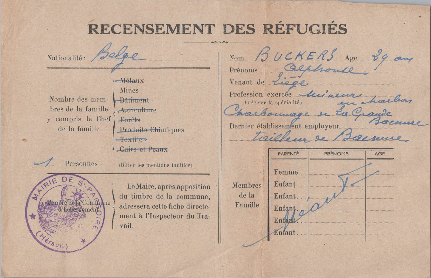 document de recensement des refugiés Belges 1939-45, Hérault