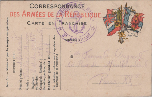 3 cartes de correspondance 1915, régiment de fusiliers marins Belgique, beaux tampons