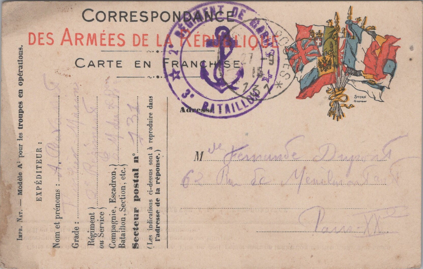 3 cartes de correspondance 1915, régiment de fusiliers marins Belgique, beaux tampons