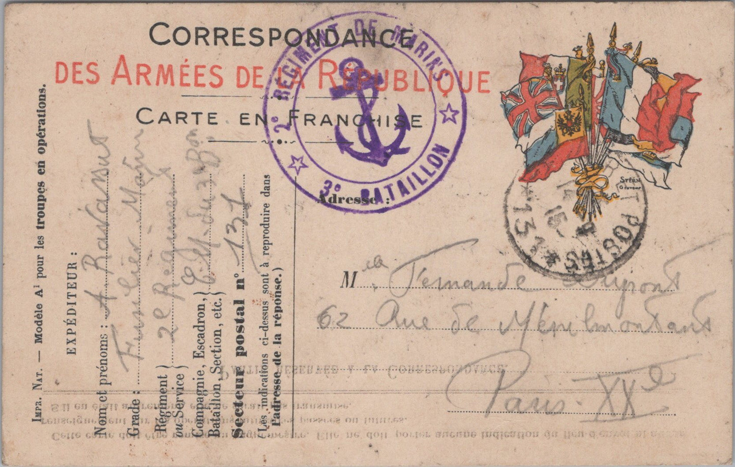 3 cartes de correspondance 1915, régiment de fusiliers marins Belgique, beaux tampons
