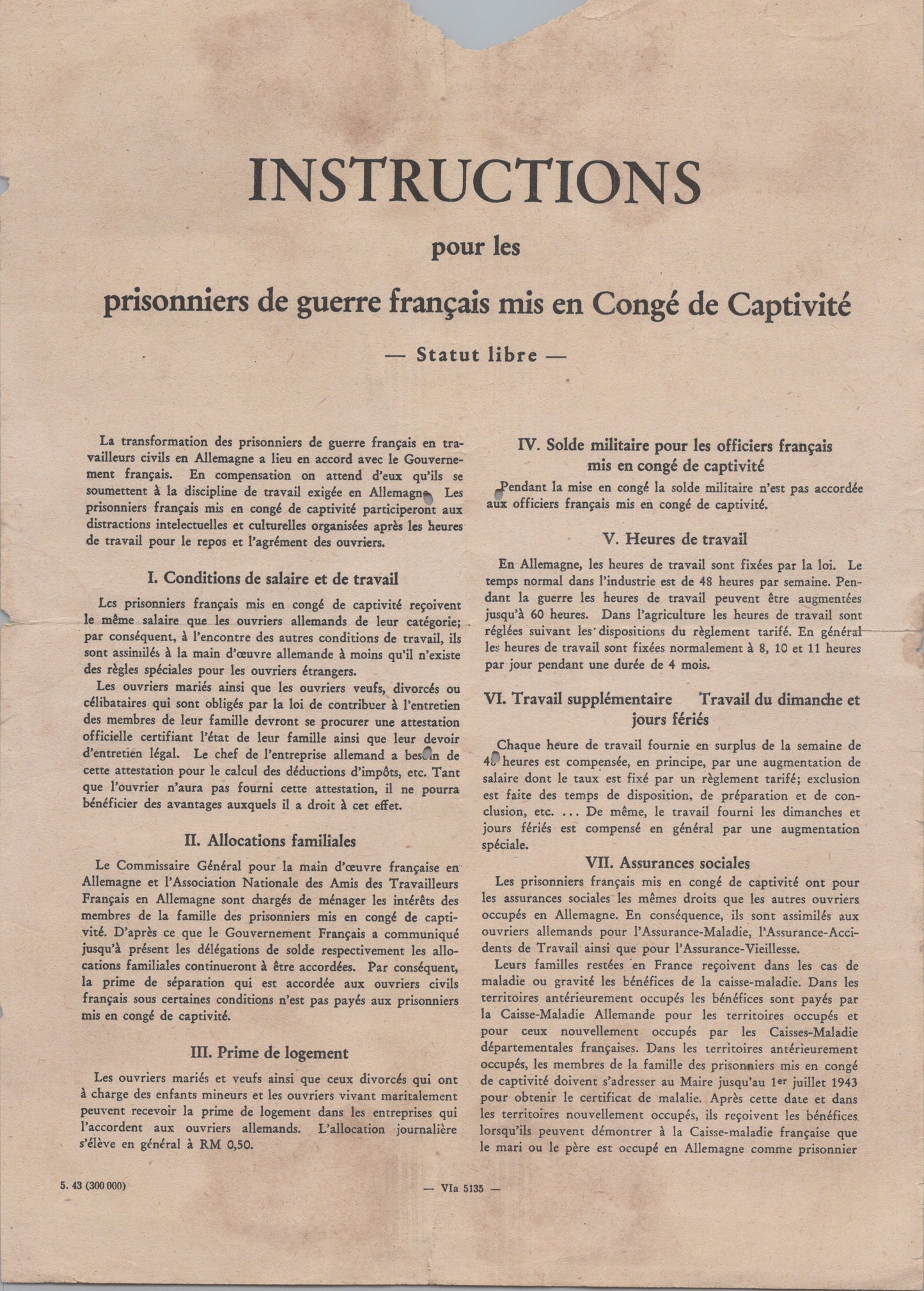 instruction pour les prisonniers de guerre mis en congé de captivité 1939-45