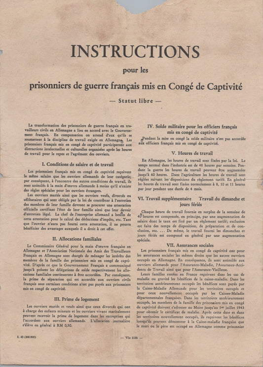 instruction pour les prisonniers de guerre mis en congé de captivité 1939-45