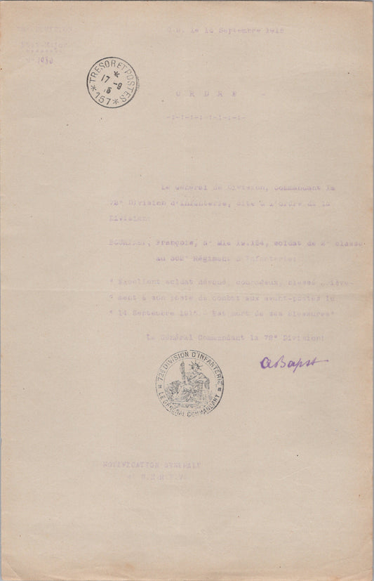 citation d'un soldat du 362°RI tué, 72° division, Verdun 1915, bois des Caures