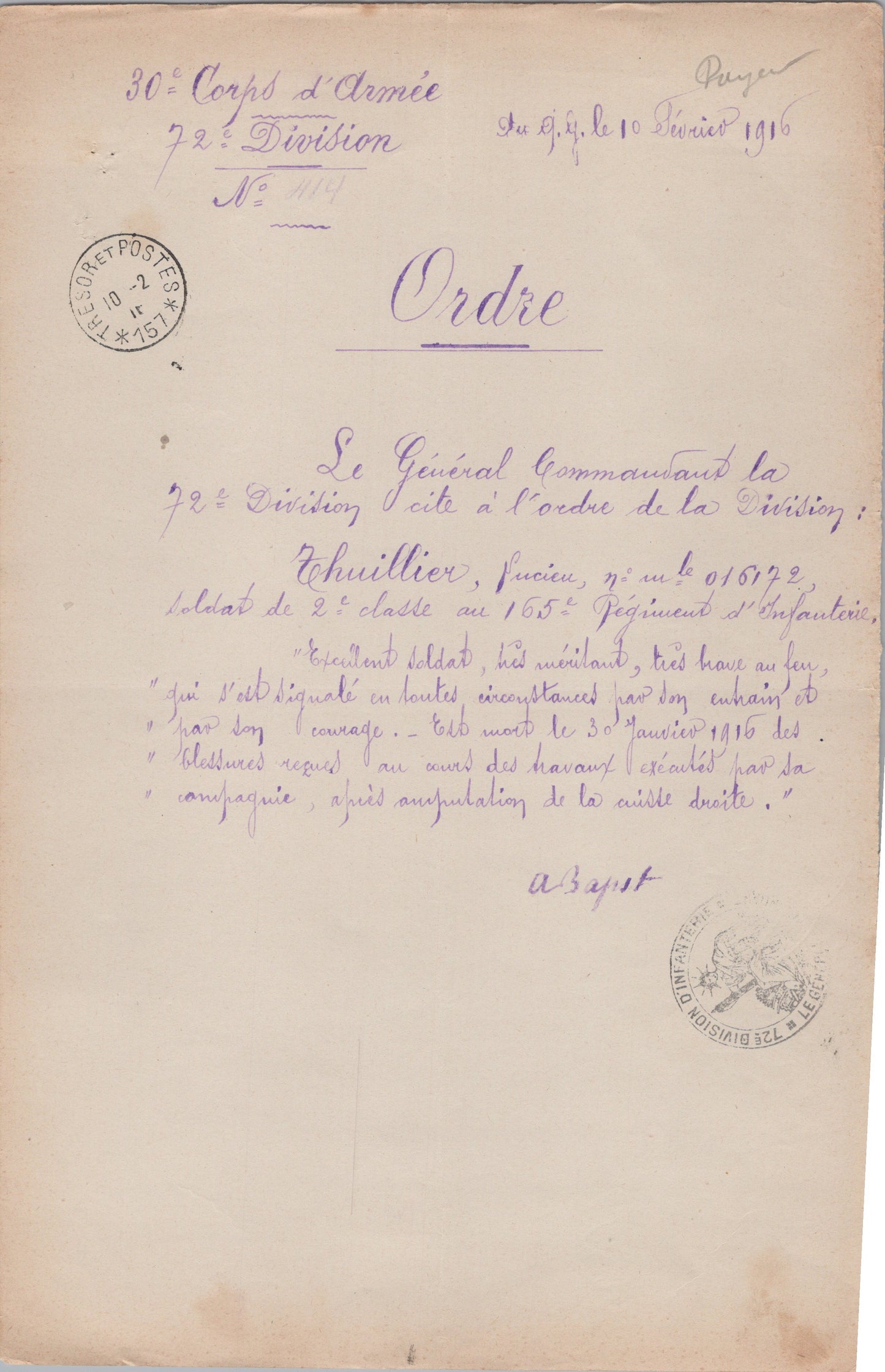 citation d'un soldat du 165°RI tué en 1916, 72° division, Verdun 1915, bois des Caures