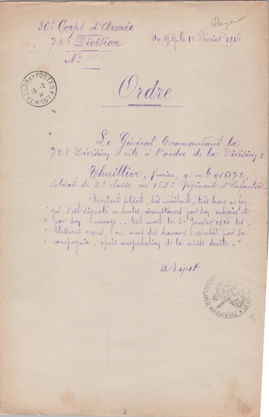 citation d'un soldat du 165°RI tué en 1916, 72° division, Verdun 1915, bois des Caures