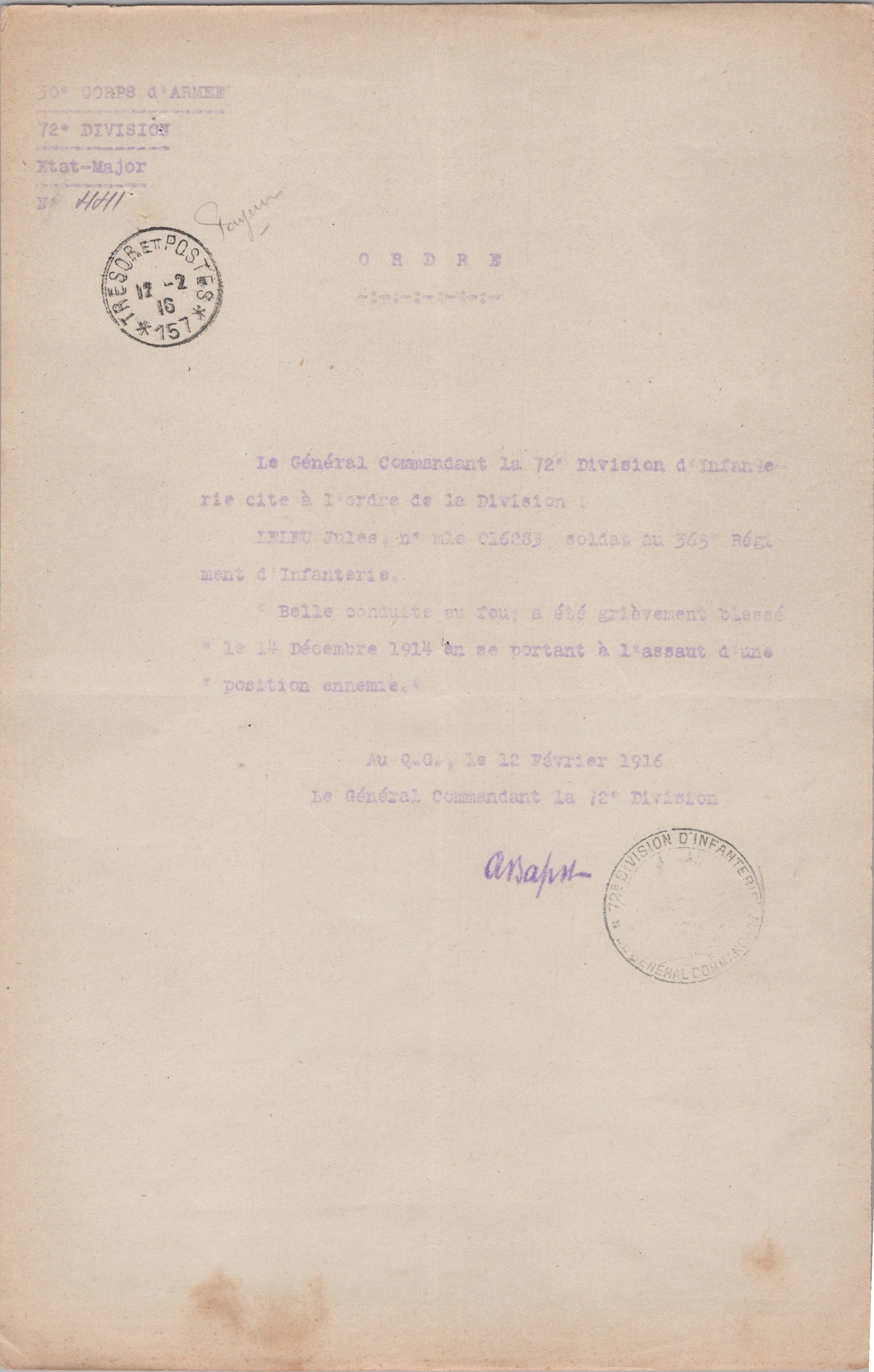 citation d'un soldat du 365°RI blessé en 1914, 72° division, Verdun 1915, bois des Caures