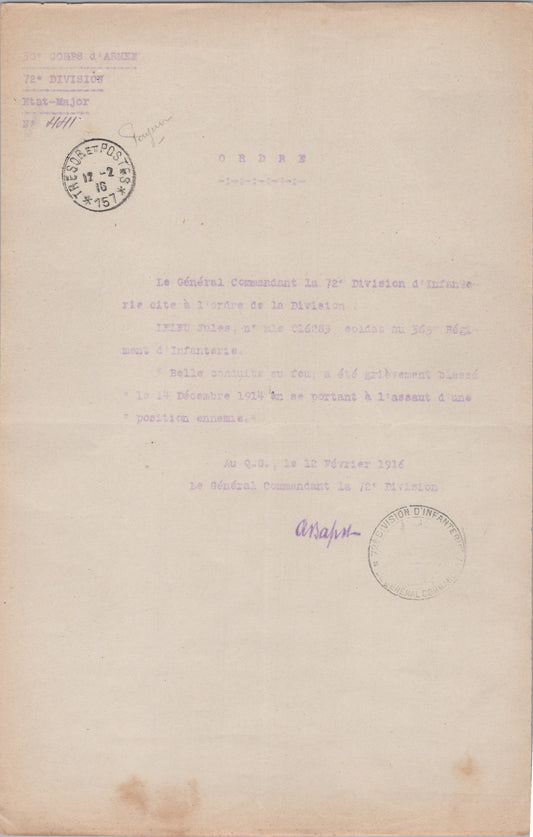 citation d'un soldat du 365°RI blessé en 1914, 72° division, Verdun 1915, bois des Caures