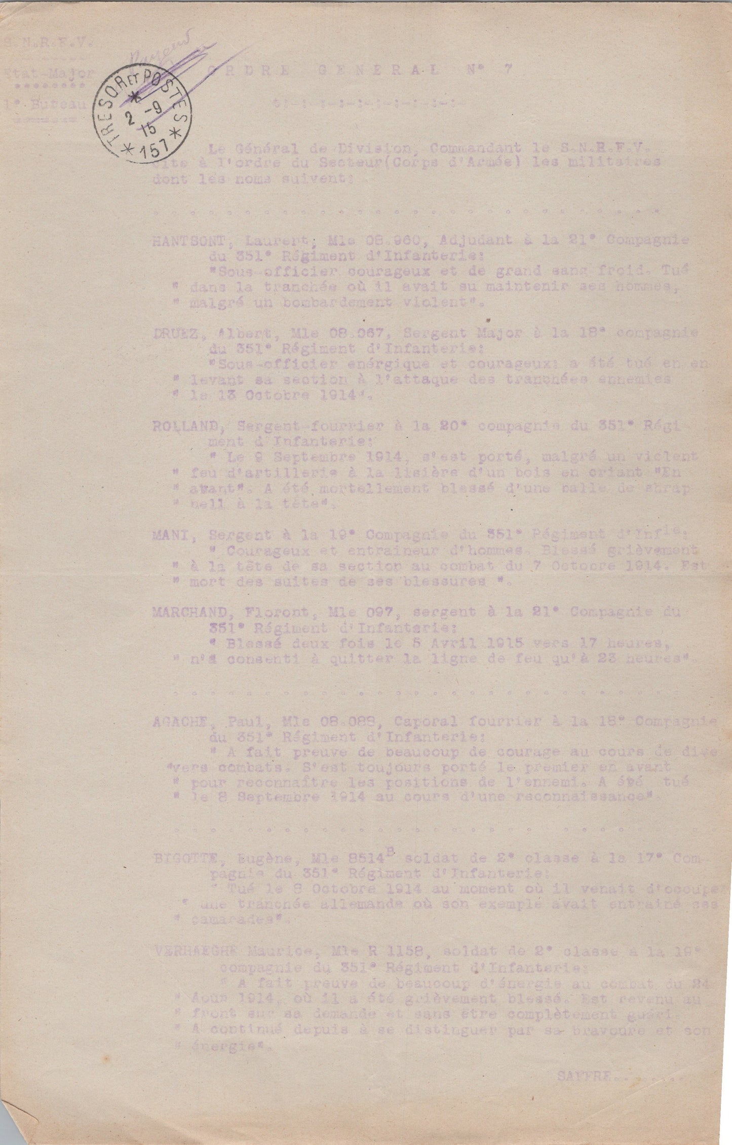 citations de soldats du 351°RI , 72° division, Verdun 1915, bois des Caures