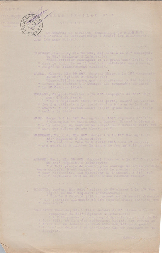 citations de soldats du 351°RI , 72° division, Verdun 1915, bois des Caures