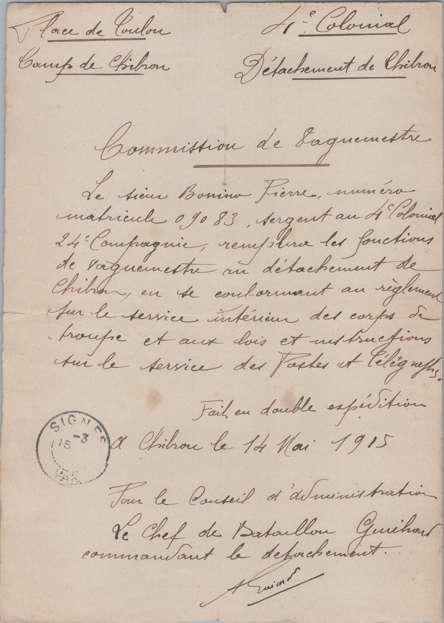 commission de vaguemestre 4° colonial Toulon 1915