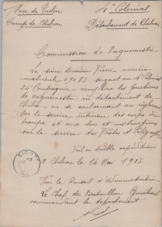 commission de vaguemestre 4° colonial Toulon 1915