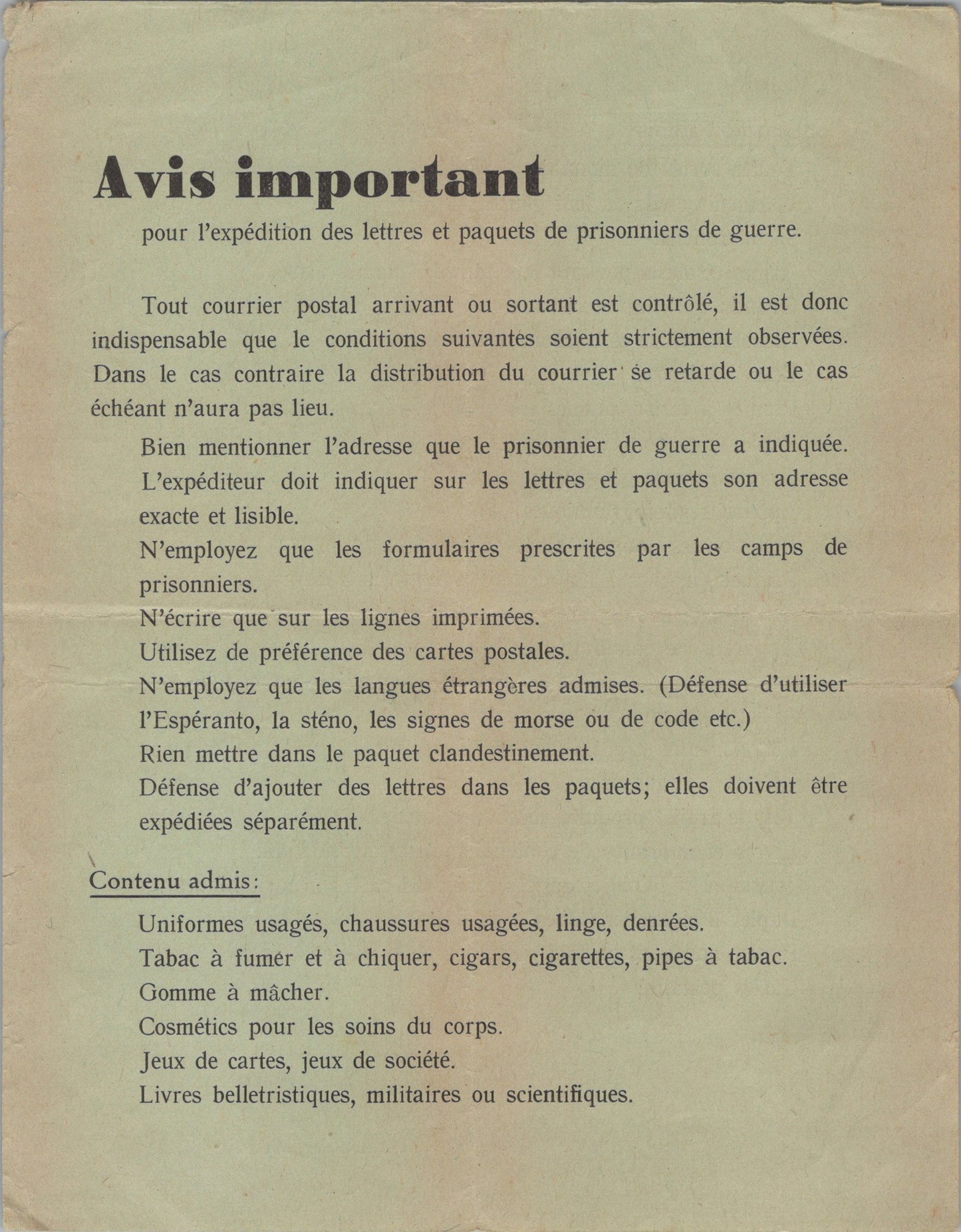 avis important pour l'envoi des lettres et colis aux prisonniers de guerre 1939-45