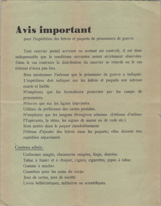avis important pour l'envoi des lettres et colis aux prisonniers de guerre 1939-45