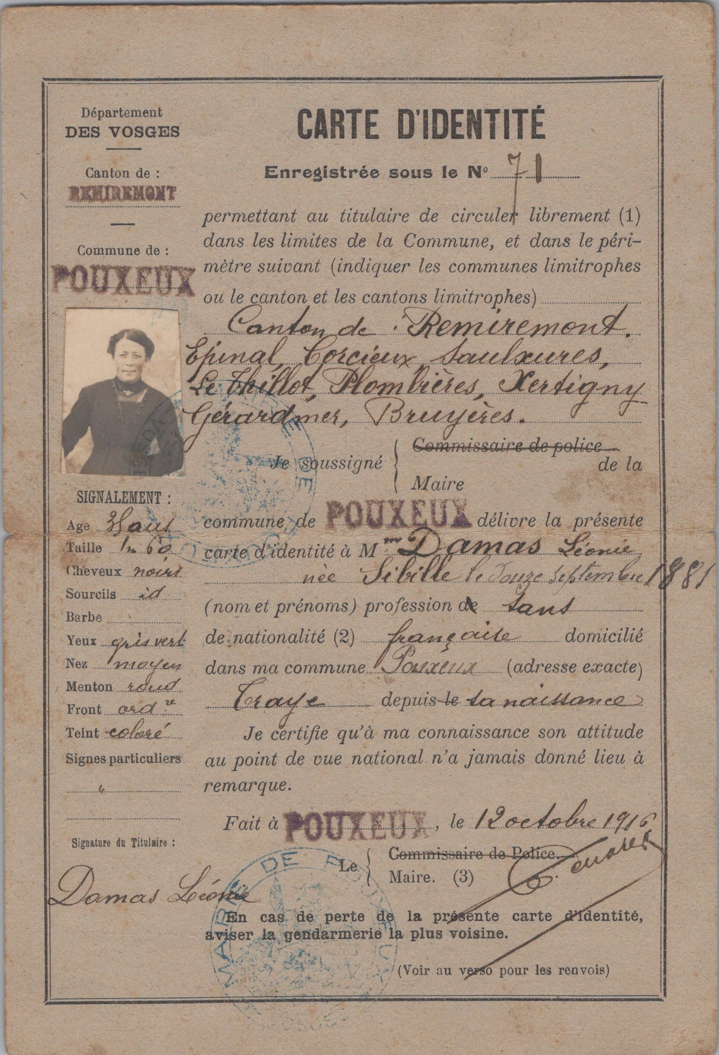 carte d'identité visée par l'autorité militaire Pouxeux Vosges 1916