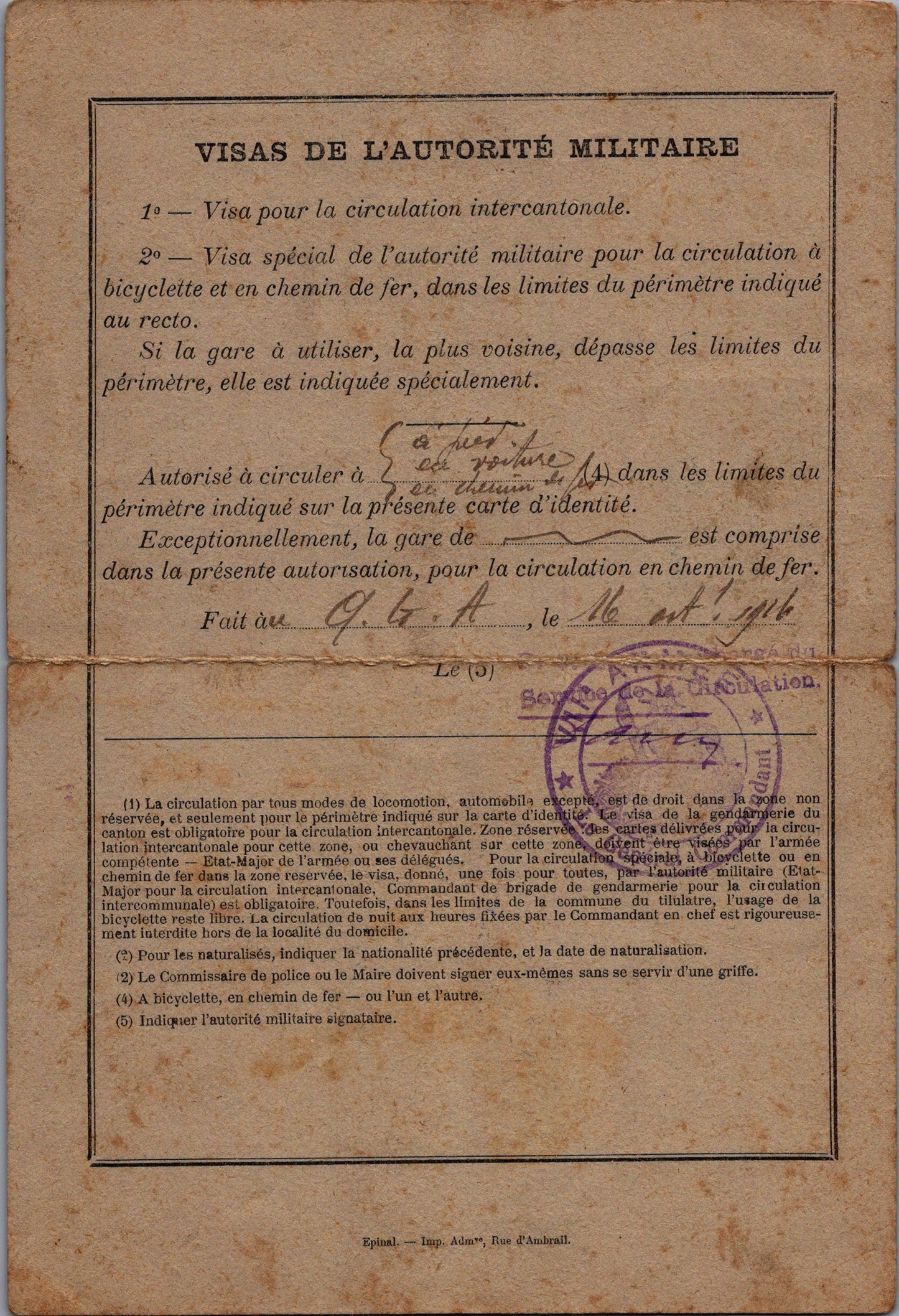 carte d'identité visée par l'autorité militaire Pouxeux Vosges 1916