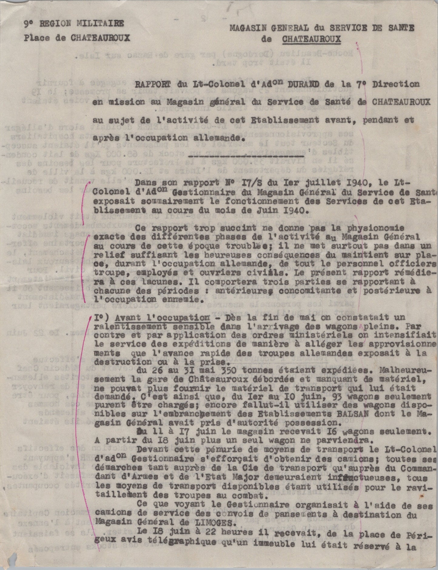 rapport sur l'activité du magasin général service de santé de Châteauroux 1939-45 7 pages