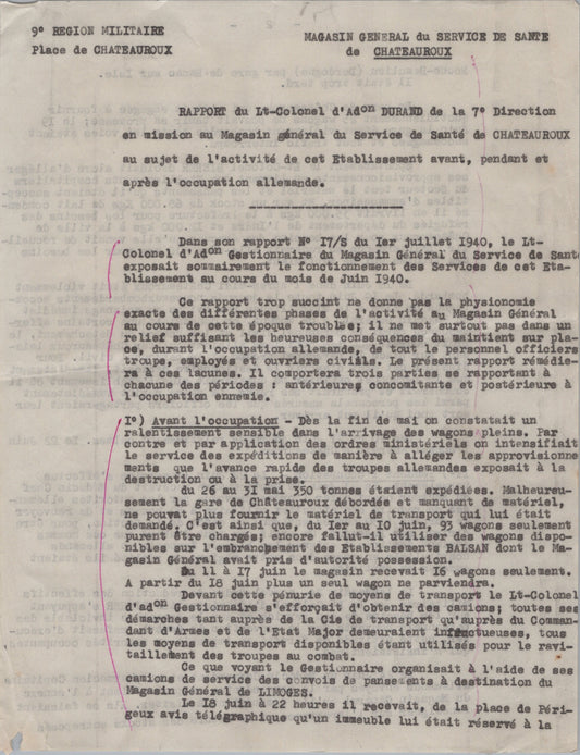 rapport sur l'activité du magasin général service de santé de Châteauroux 1939-45 7 pages