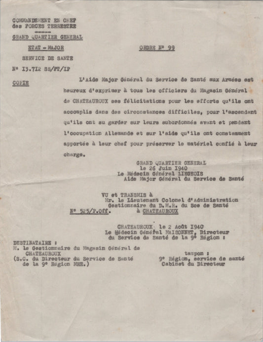 ordre félicitations magasin général service de santé de Châteauroux campagne 1939-40