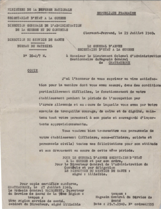 lettre de remerciements magasin général service de santé de Châteauroux campagne 1939-40