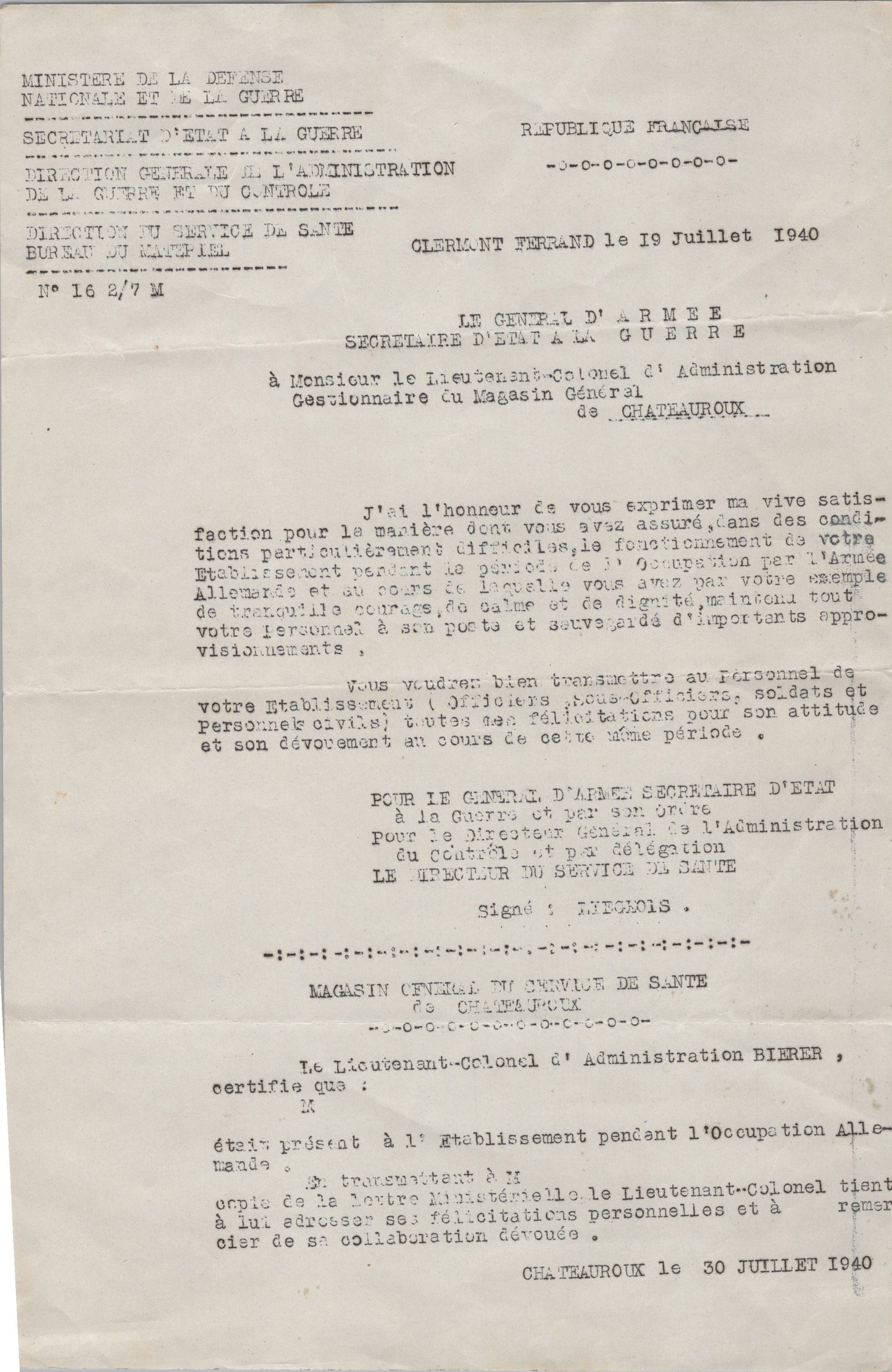 lettre de remerciements magasin général service de santé de Châteauroux campagne 1939-40 2
