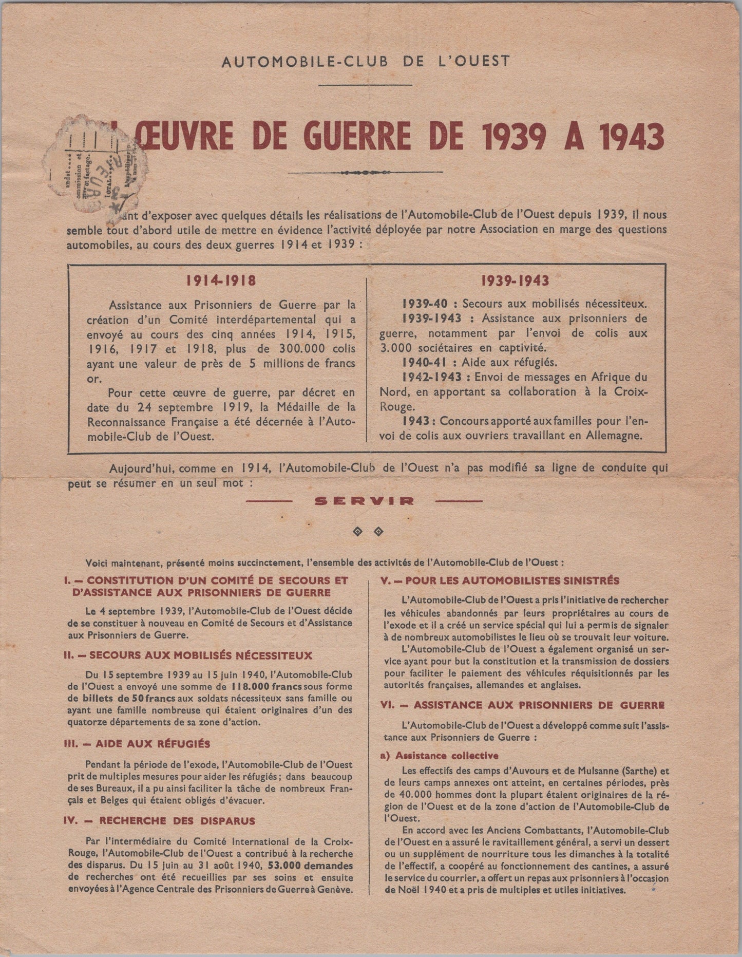 document oeuvre de guerre 1939-43 automobile club de l'ouest