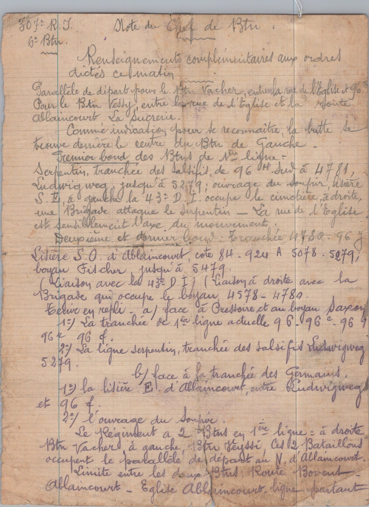 feuille d'ordres faite au combat 307°RI offensive de la Somme octobre 16
