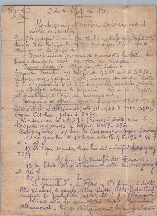 feuille d'ordres faite au combat 307°RI offensive de la Somme octobre 16