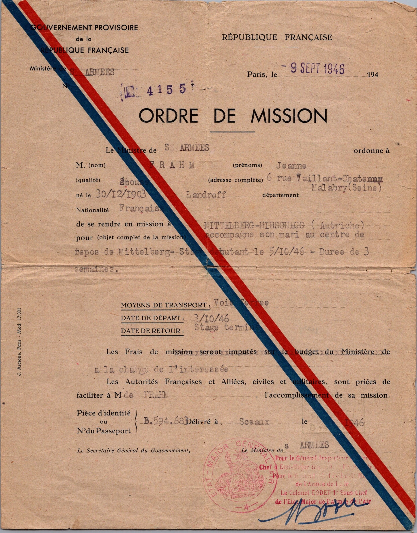 ordre de mission pour une femme en direction de l'Autriche 1946