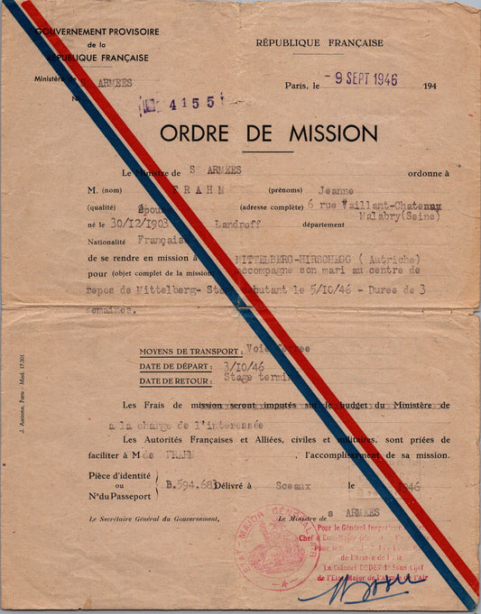 ordre de mission pour une femme en direction de l'Autriche 1946