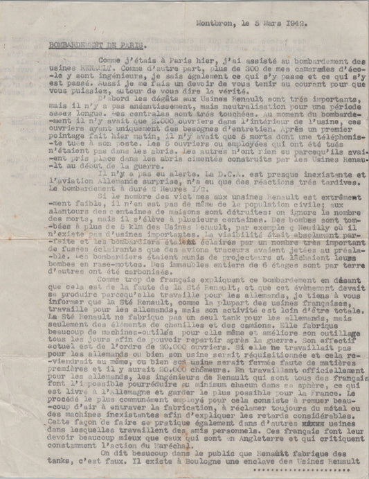 témoignage tapuscrit sur un bombardement aérien de Paris mars 1942, 2 pages