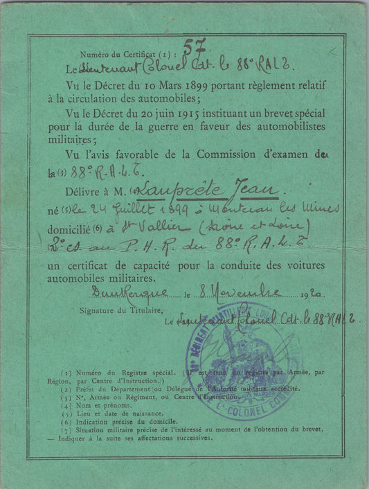 permis de conduire militaire pour un artilleur 1914-1918