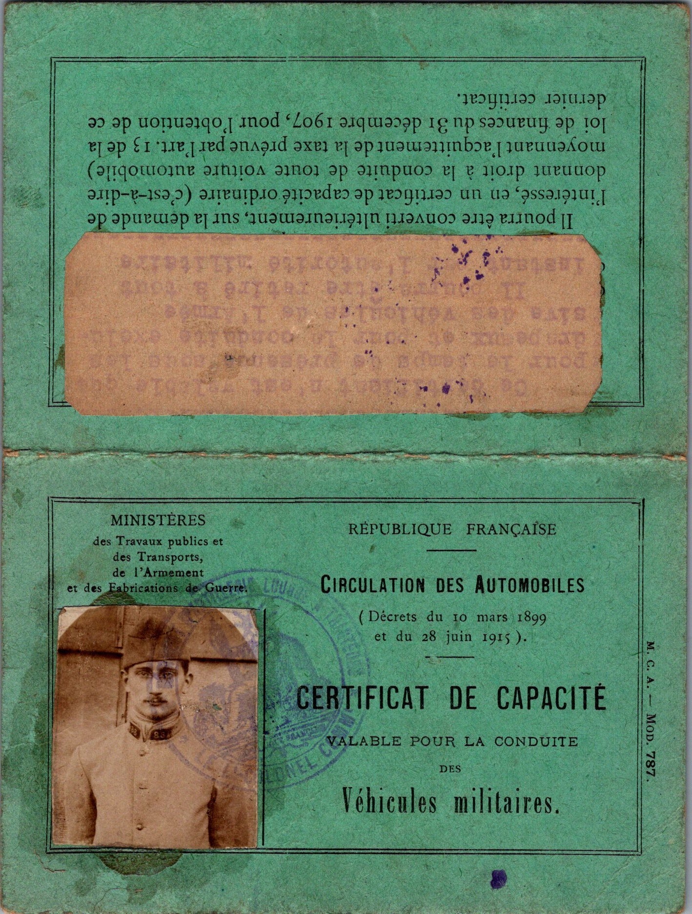 permis de conduire militaire pour un artilleur 1914-1918