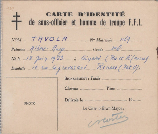 carte d'identité de sous-officier ou homme de troupe FFI, résistance de Bretagne,  Rennes 2