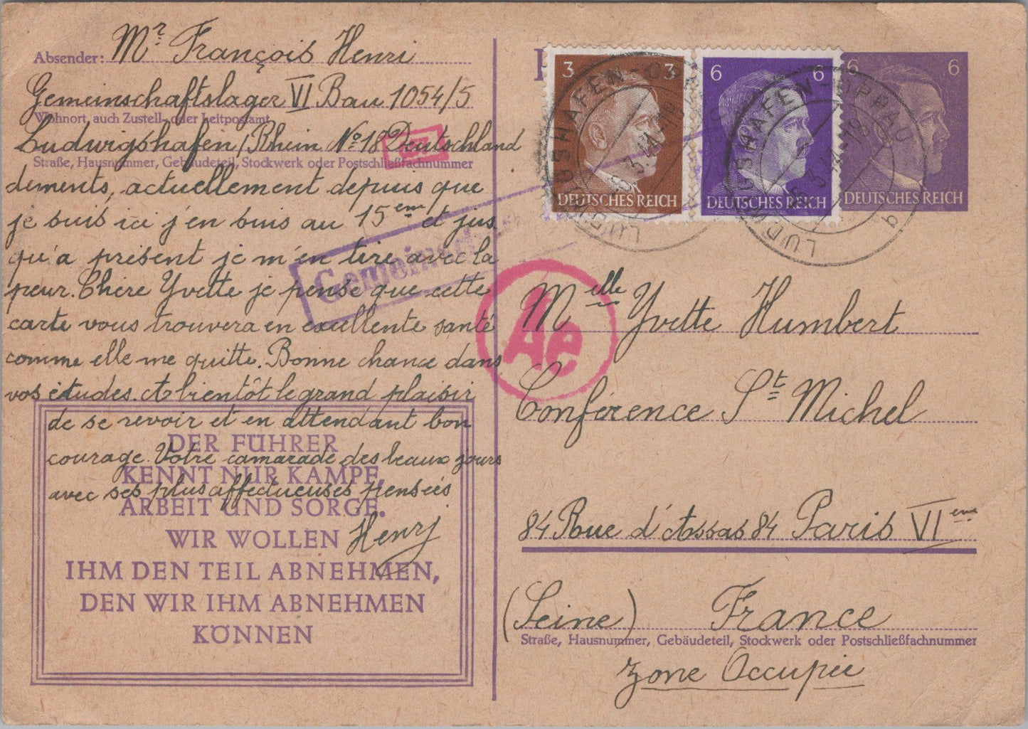 carte postale d'un travailleur du STO envoyée en France, Timbres 1944
