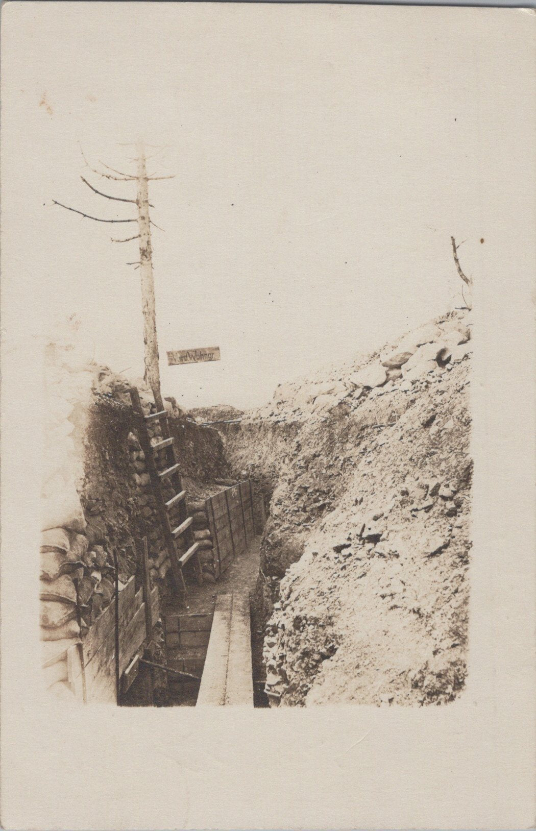 carte photo tranchée allemande 1914-1918, avec panneau
