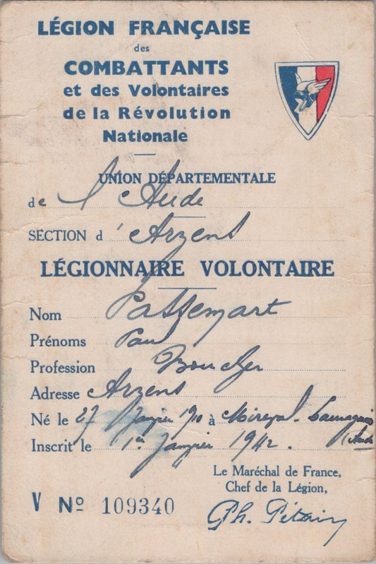 carte de membre de la légion française des combattants, Arzens Aude 1942