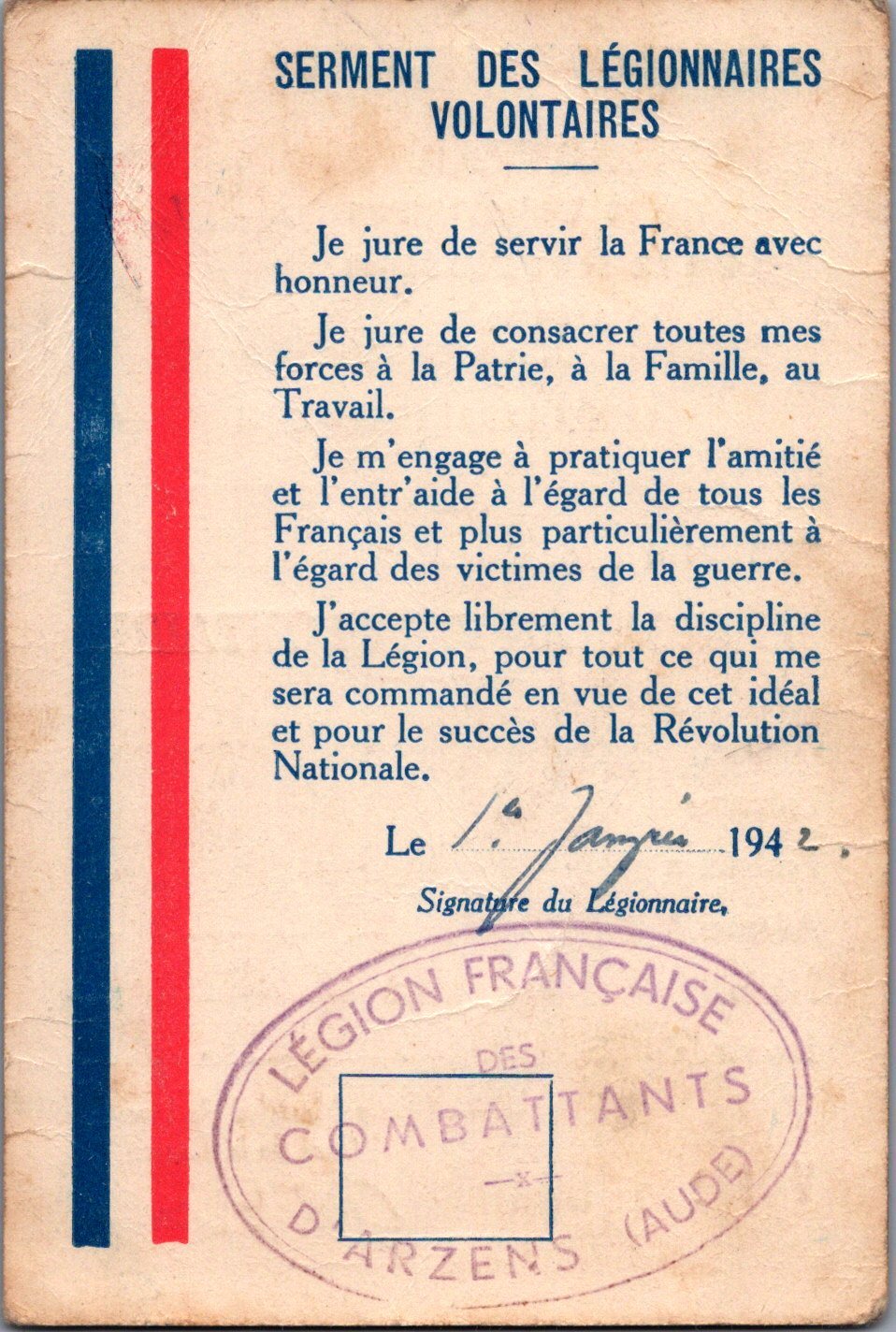 carte de membre de la légion française des combattants, Arzens Aude 1942