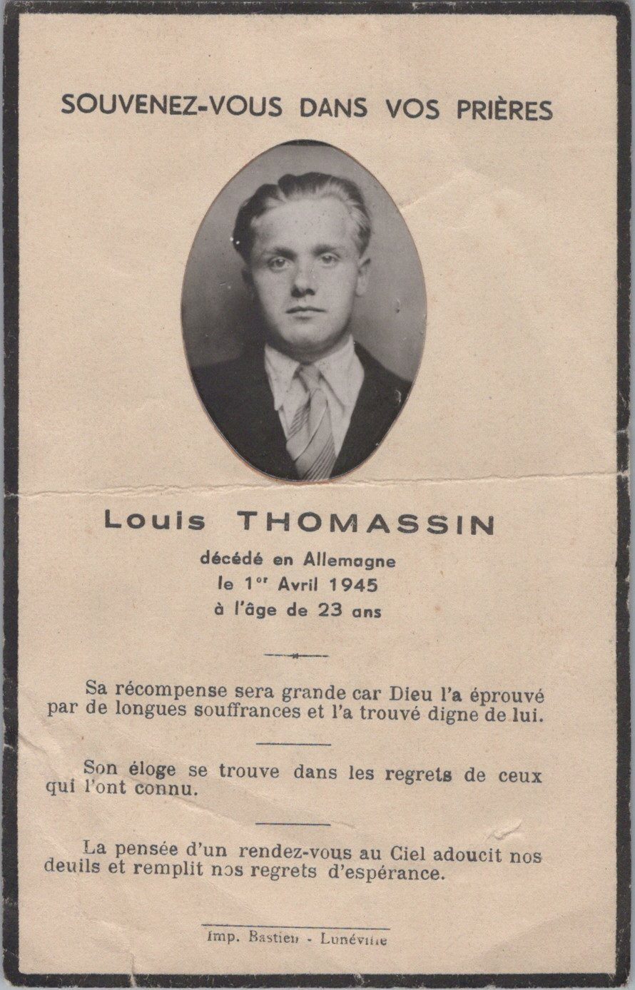 carte avis de décès d'un travailleur français de Vathiménil (54)mort en Allemagne 1945