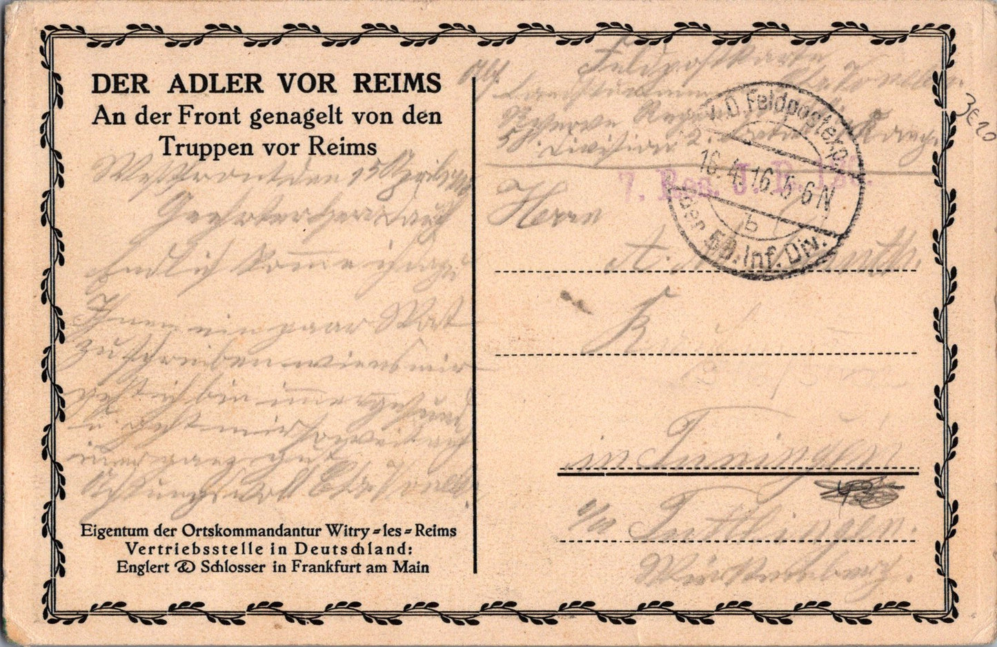 carte postale et carte photo aigle de collecte de fonds (clous) vers Reims 1916