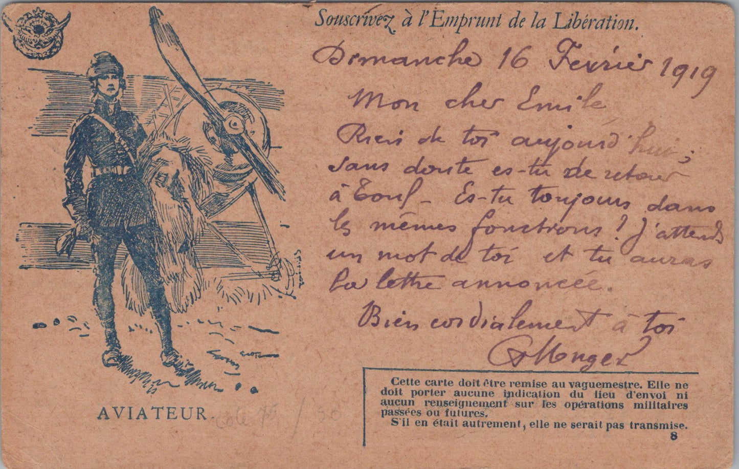 carte de correspondance militaire avec aviateur 1914-1918